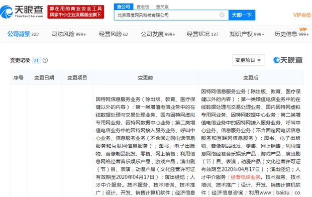 百度经营范围新增“经营电信业务”